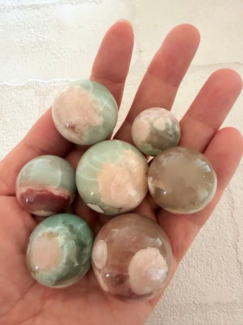 高品質　グリーンフラワーアゲート　ミニスフィア　7個セット