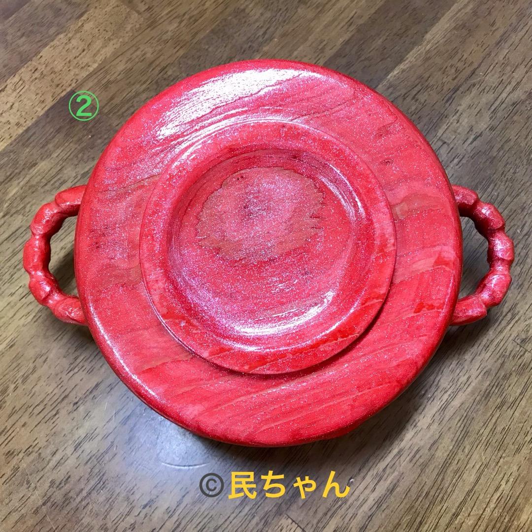 ハンドメイド　食器　木製　杉の木の食器3点セット　コーラルレッド　T-351