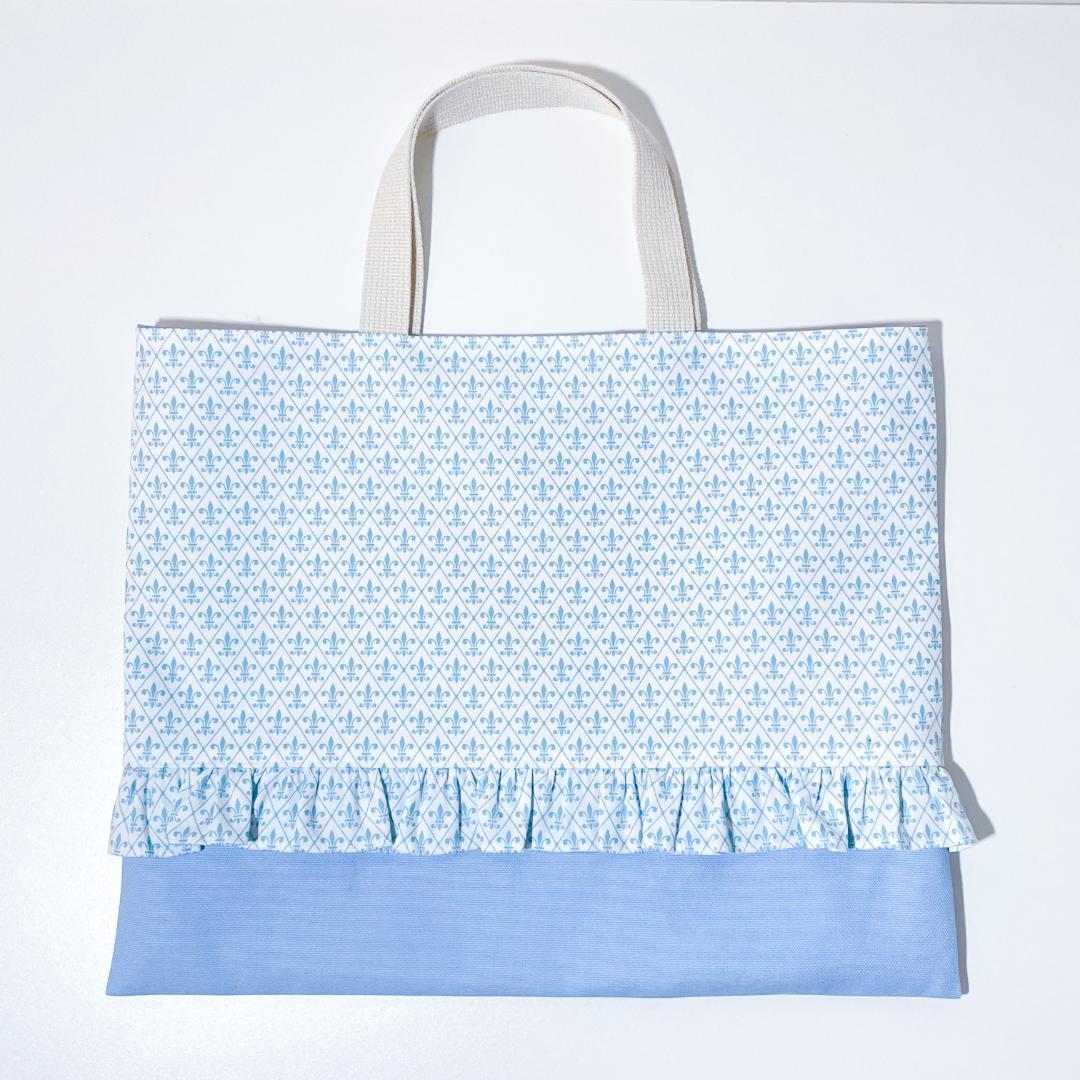 F6-ユリ紋章フリル　女の子　レッスンバッグ体操着袋上履き入れ入園入学セット水色