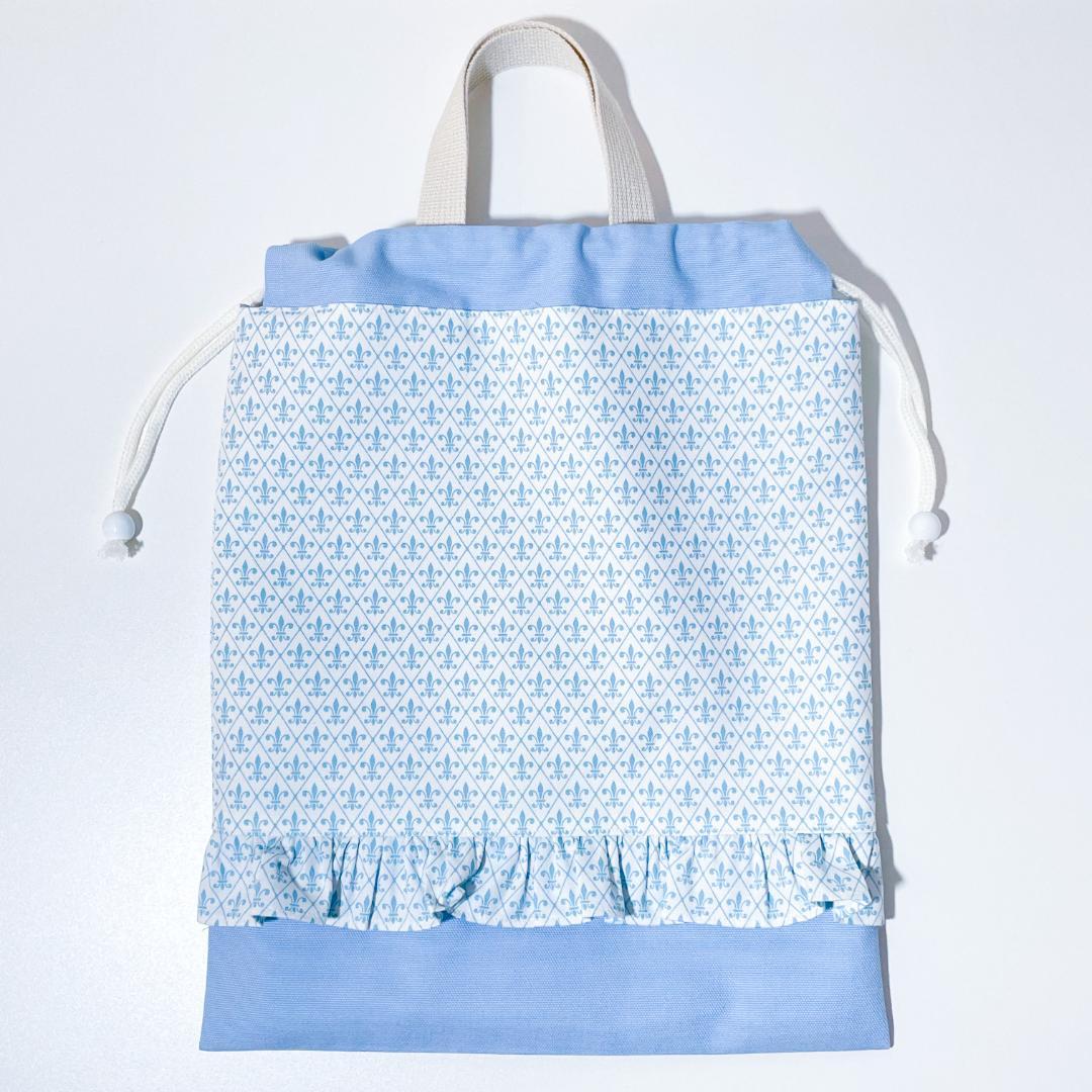 F6-ユリ紋章フリル　女の子　レッスンバッグ体操着袋上履き入れ入園入学セット水色