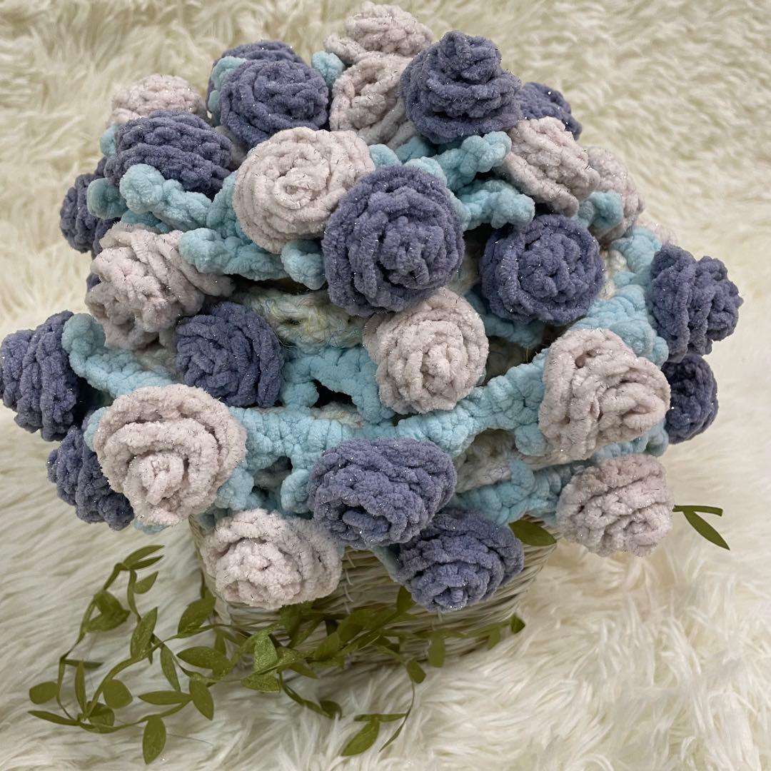 花束ブランケット　薔薇キラキララメ入り　一点物　手編み