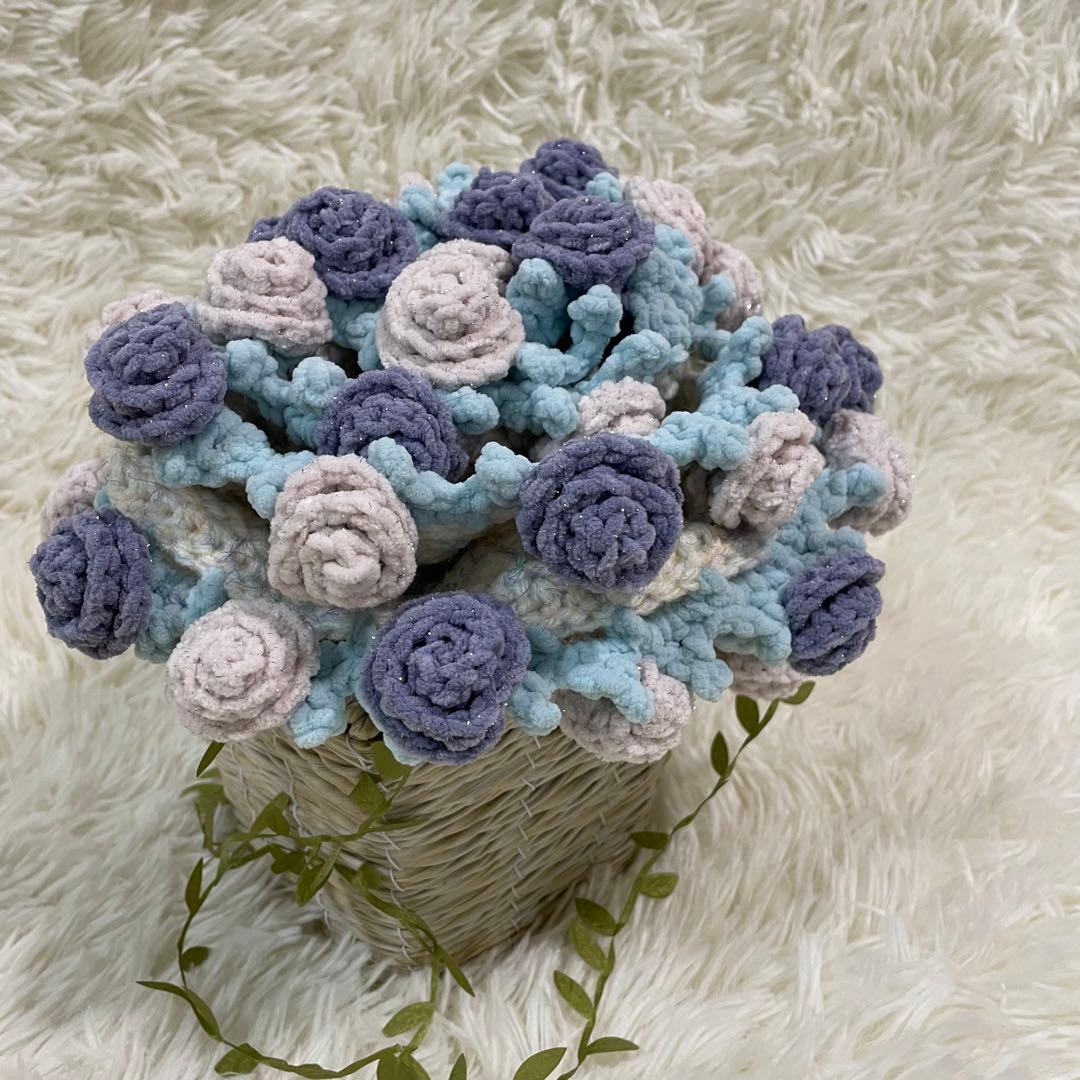 花束ブランケット　薔薇キラキララメ入り　一点物　手編み