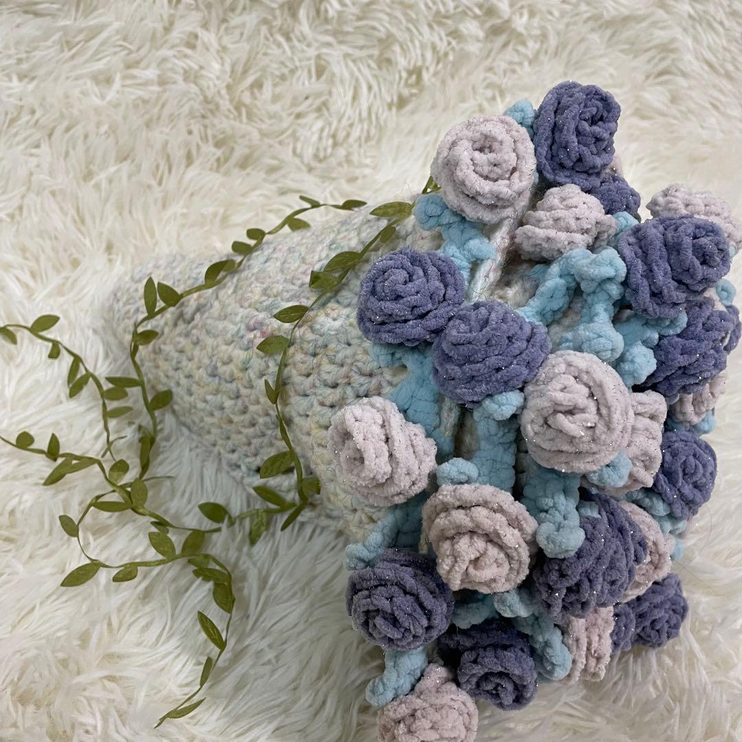 花束ブランケット　薔薇キラキララメ入り　一点物　手編み