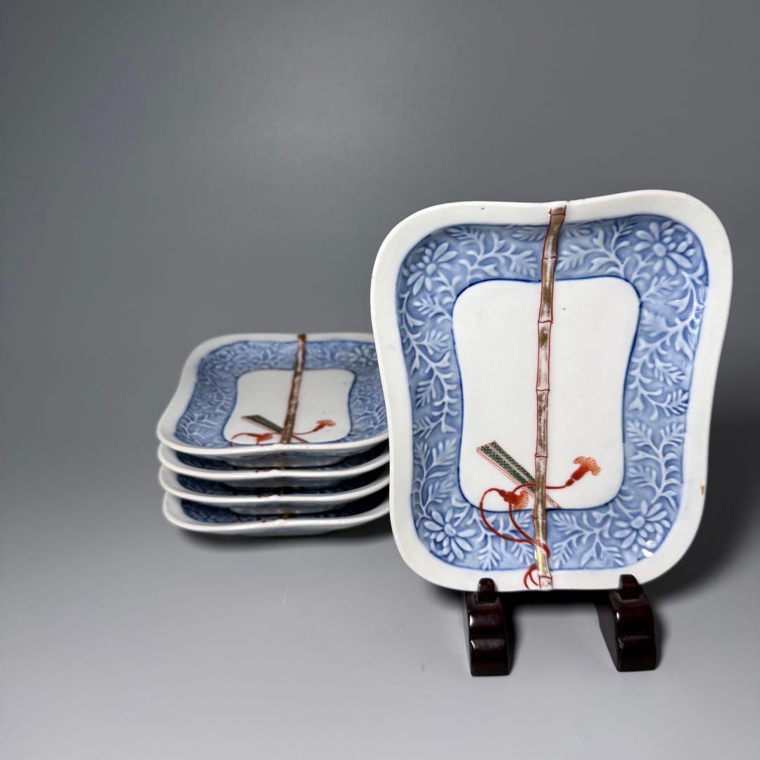 明治時代　有田焼　岩松平吾　色絵軍配形皿　五枚　角岩印　陽刻　珍品　最後の五枚！