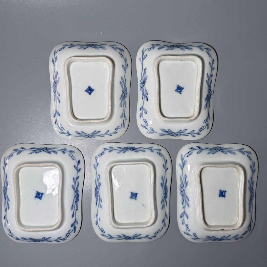 明治時代　有田焼　岩松平吾　色絵軍配形皿　五枚　角岩印　陽刻　珍品　最後の五枚！