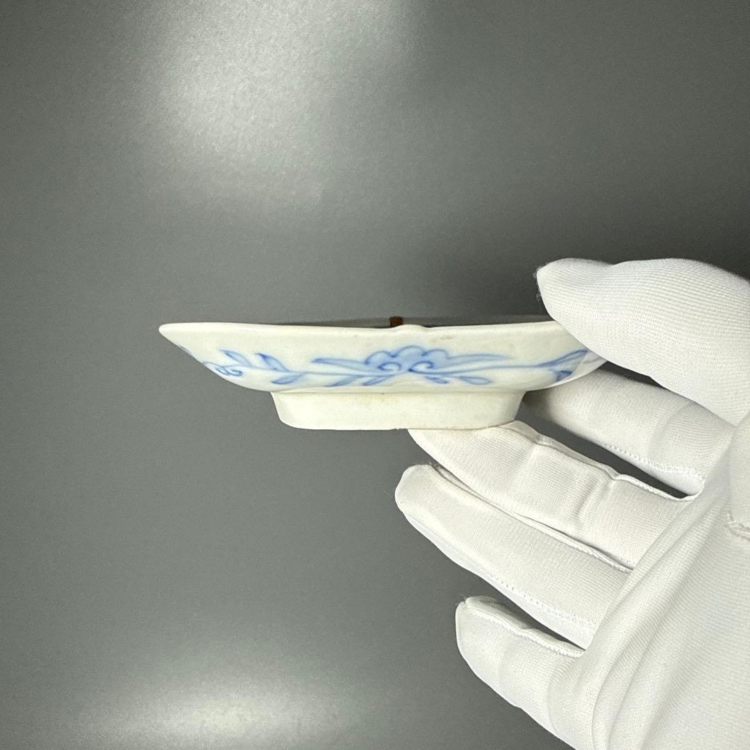 明治時代　有田焼　岩松平吾　色絵軍配形皿　五枚　角岩印　陽刻　珍品　最後の五枚！