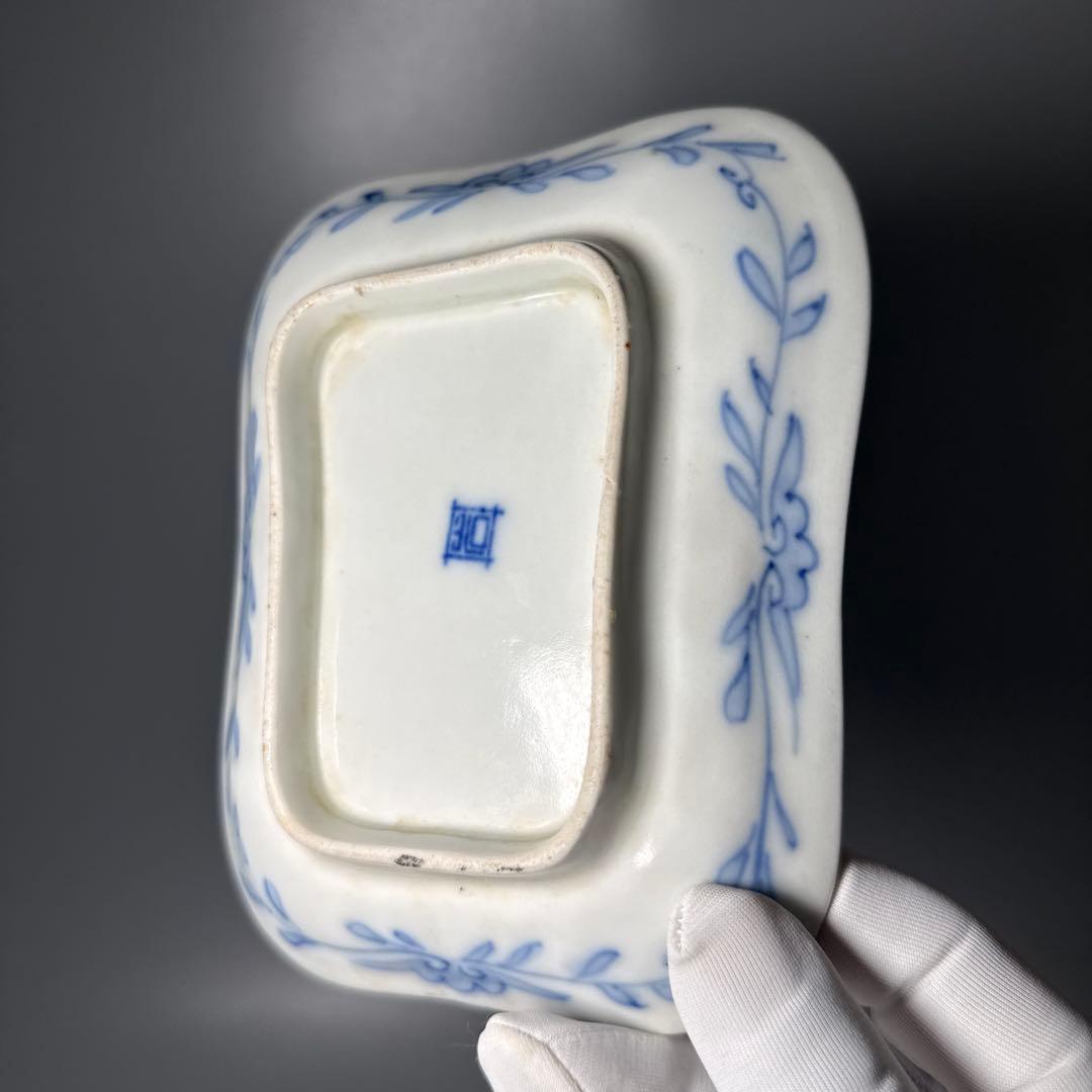 明治時代　有田焼　岩松平吾　色絵軍配形皿　五枚　角岩印　陽刻　珍品　最後の五枚！