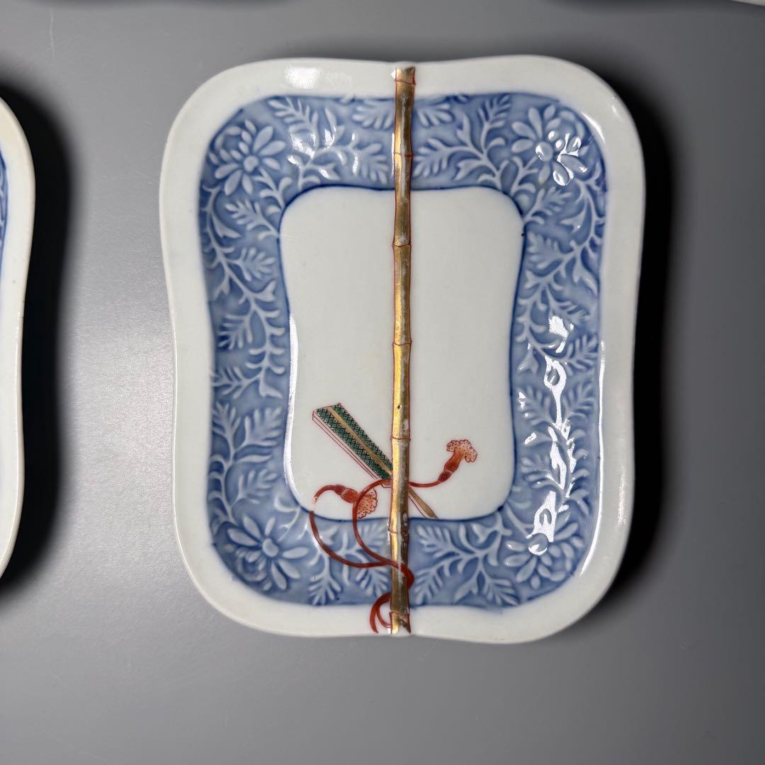 明治時代　有田焼　岩松平吾　色絵軍配形皿　五枚　角岩印　陽刻　珍品　最後の五枚！