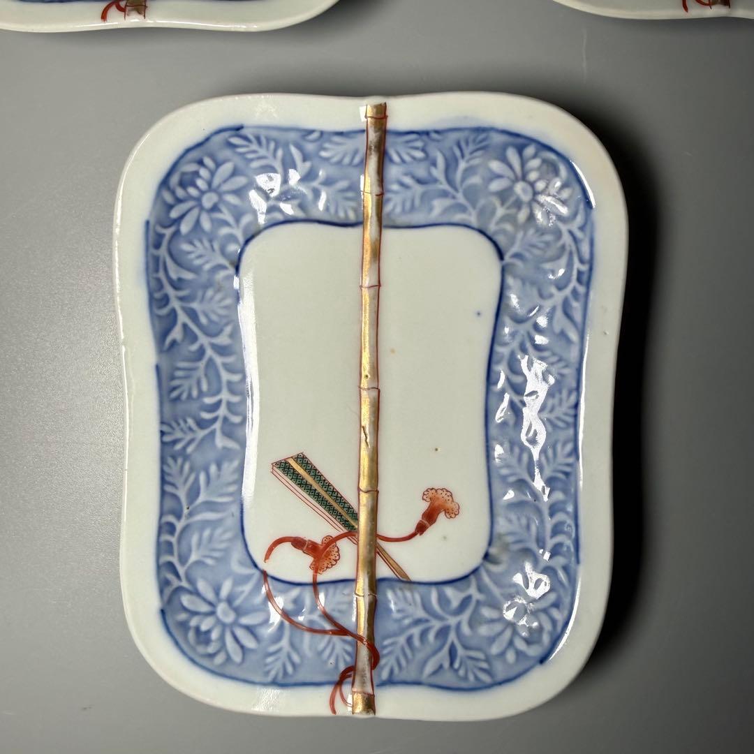 明治時代　有田焼　岩松平吾　色絵軍配形皿　五枚　角岩印　陽刻　珍品　最後の五枚！