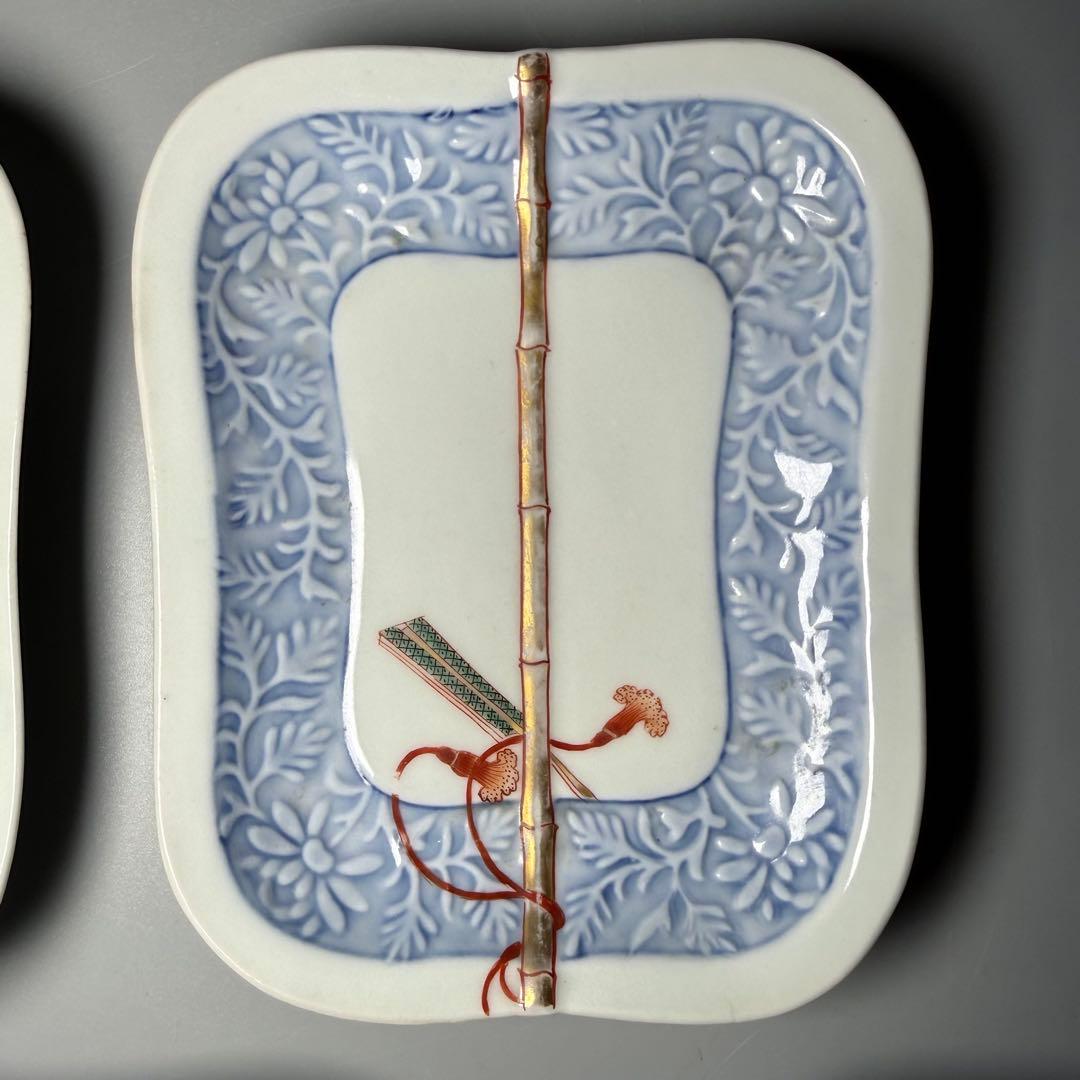 明治時代　有田焼　岩松平吾　色絵軍配形皿　五枚　角岩印　陽刻　珍品　最後の五枚！