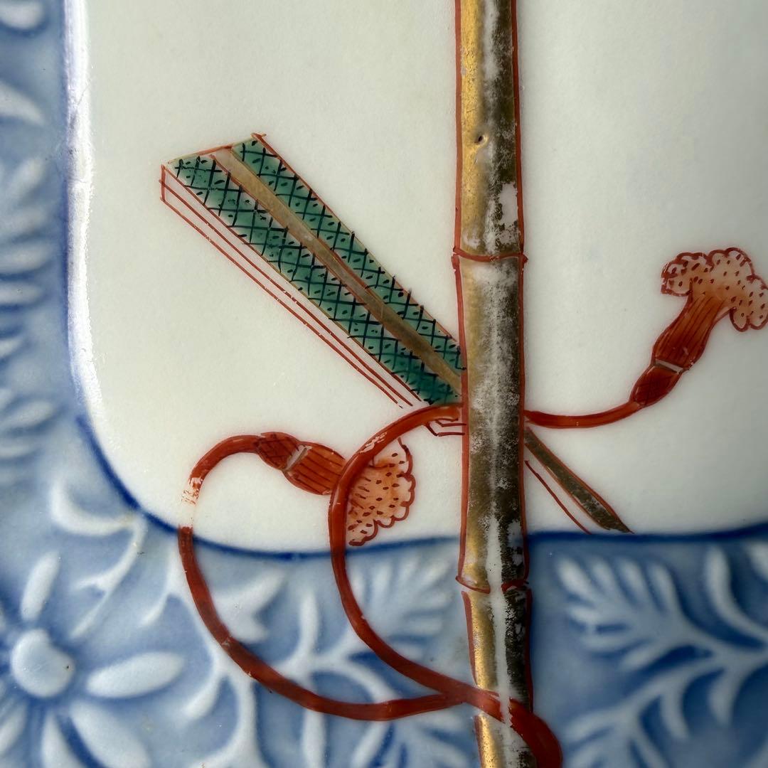 明治時代　有田焼　岩松平吾　色絵軍配形皿　五枚　角岩印　陽刻　珍品　最後の五枚！