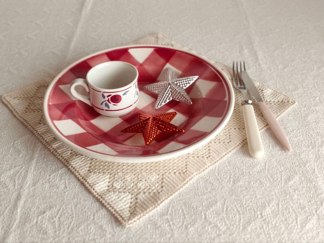 * vintage plate ❀ ステンシル チェック柄 プレート