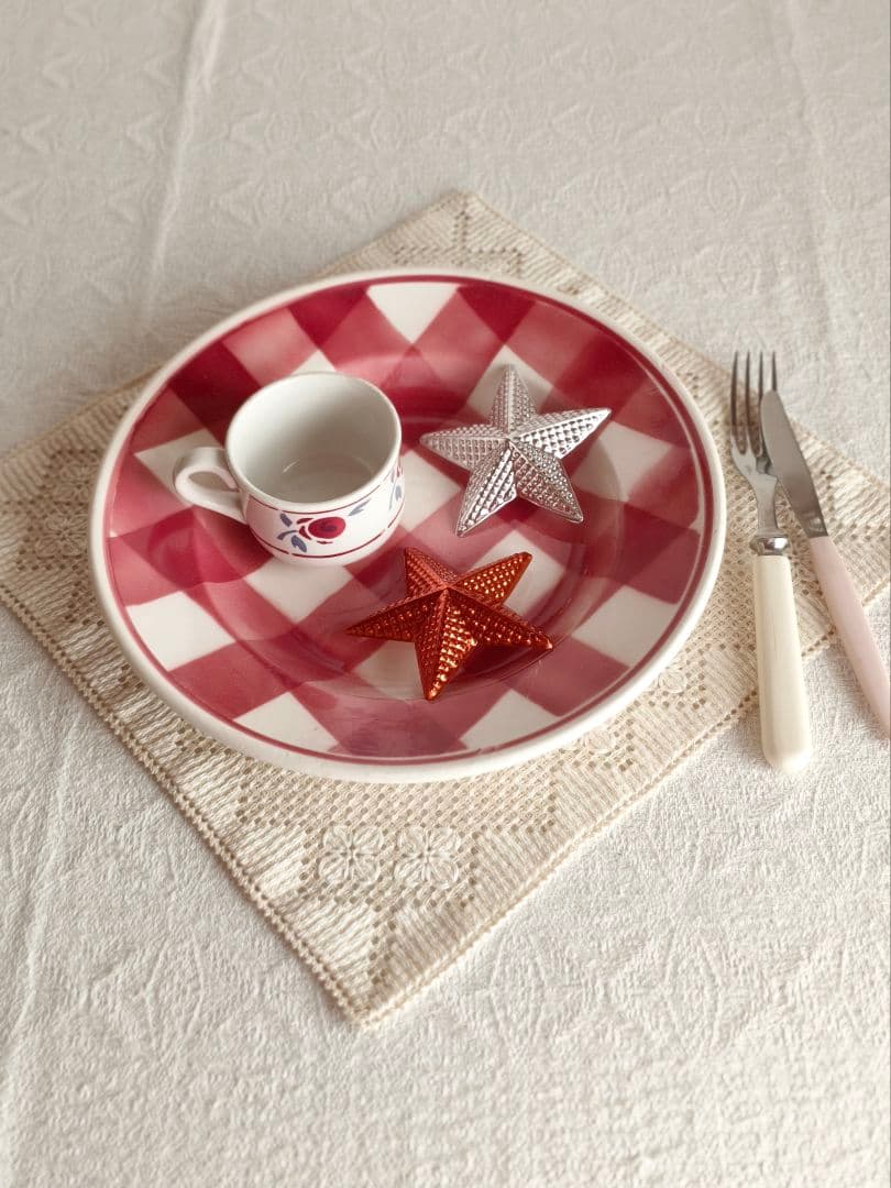 * vintage plate ❀ ステンシル チェック柄 プレート