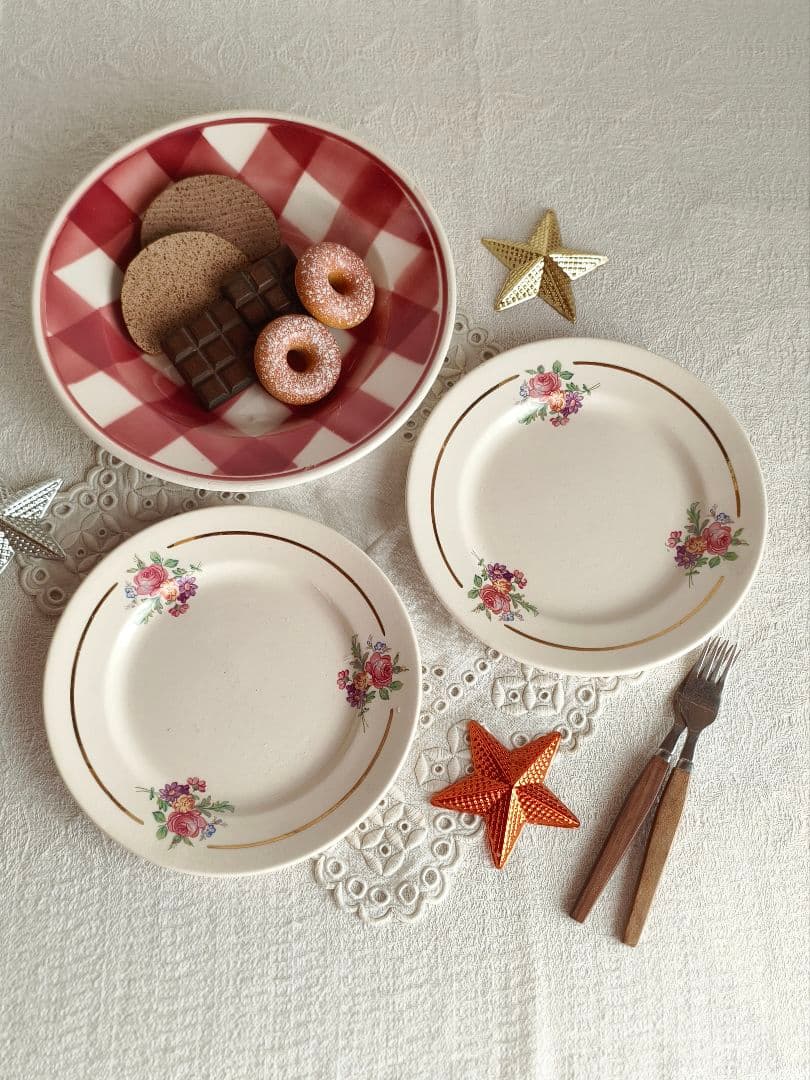 * vintage plate ❀ ステンシル チェック柄 プレート