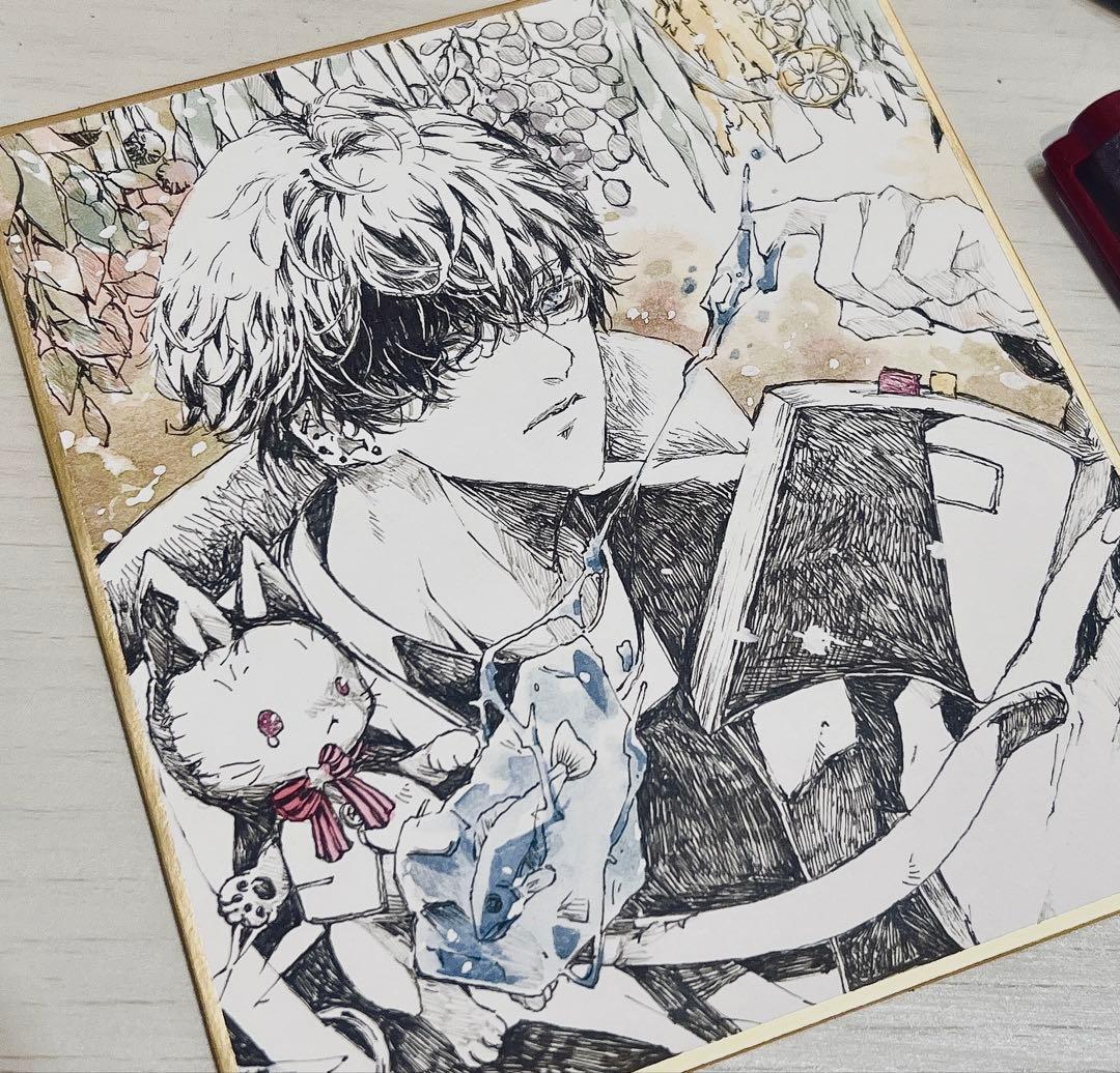 魔法使い人形師 手描きイラスト ‎ペン画 オリジナル 原画 ミニ色紙