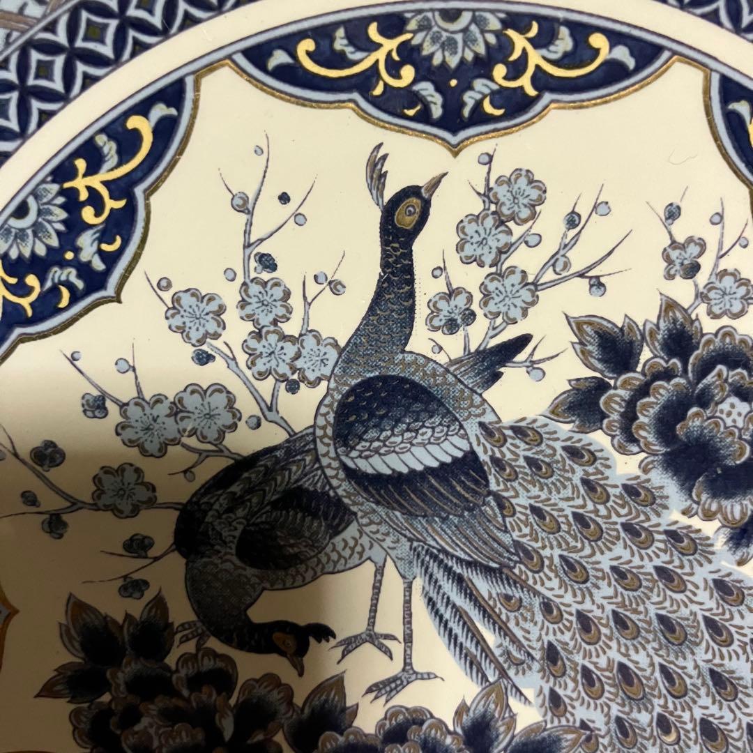 E-壁【美品】有田焼 陶板画 壁掛け 飾り物 孔雀 牡丹 青藍 金彩コルク裏打ち