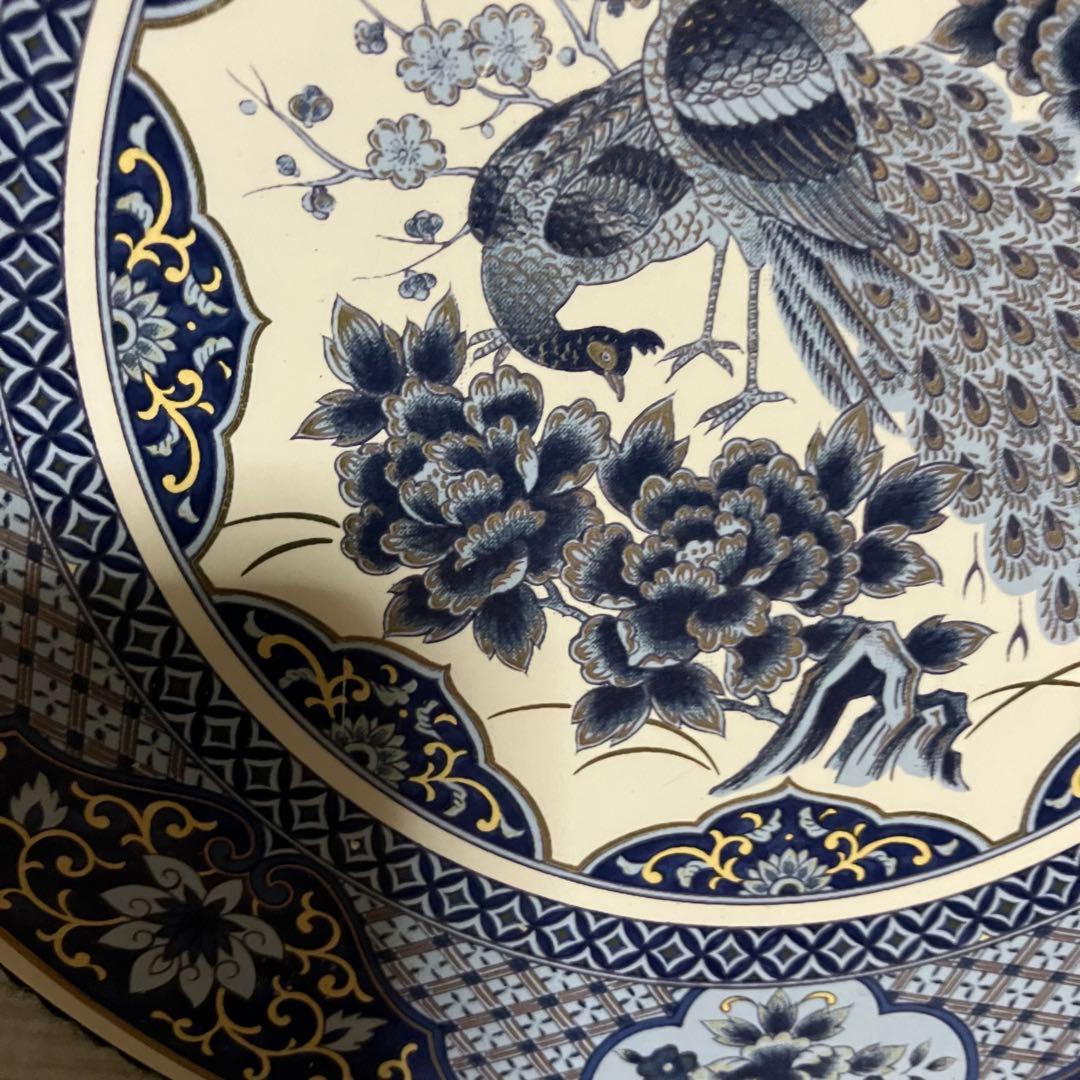 E-壁【美品】有田焼 陶板画 壁掛け 飾り物 孔雀 牡丹 青藍 金彩コルク裏打ち