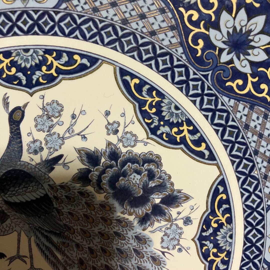 E-壁【美品】有田焼 陶板画 壁掛け 飾り物 孔雀 牡丹 青藍 金彩コルク裏打ち