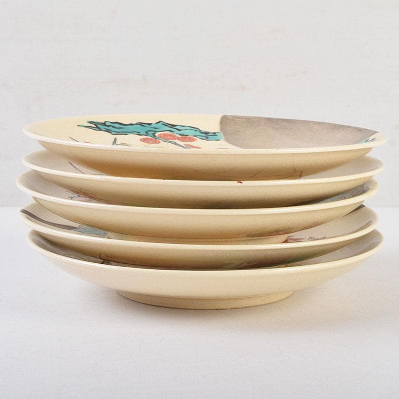 和食器　九谷焼　中村梅山作　色絵　絵変わり　銘々皿　五客　共箱　V　R9615