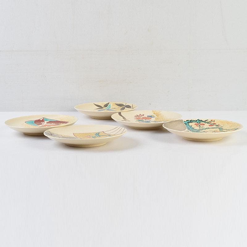 和食器　九谷焼　中村梅山作　色絵　絵変わり　銘々皿　五客　共箱　V　R9615