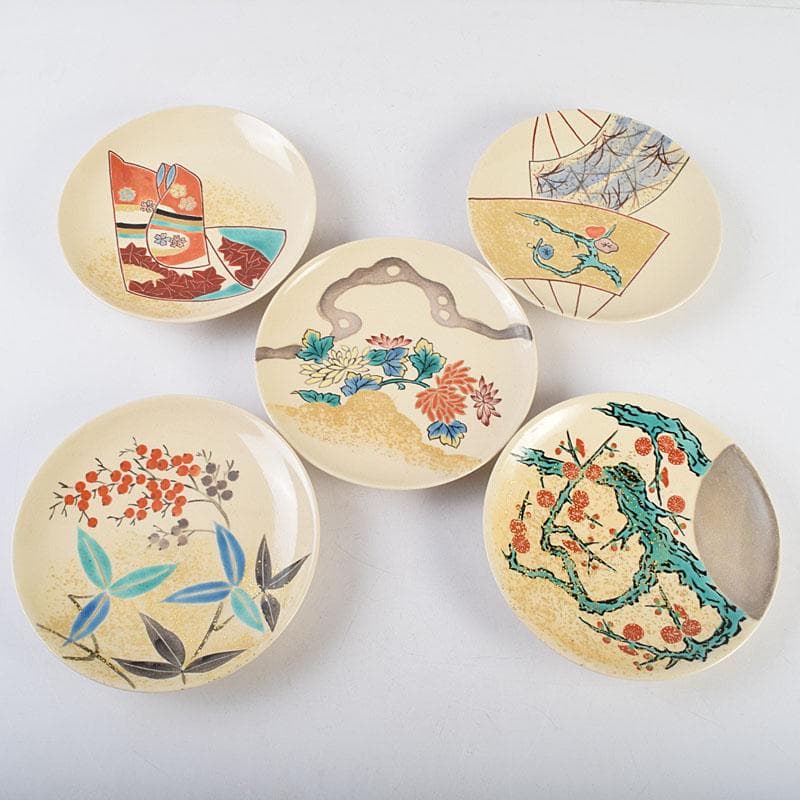 和食器　九谷焼　中村梅山作　色絵　絵変わり　銘々皿　五客　共箱　V　R9615
