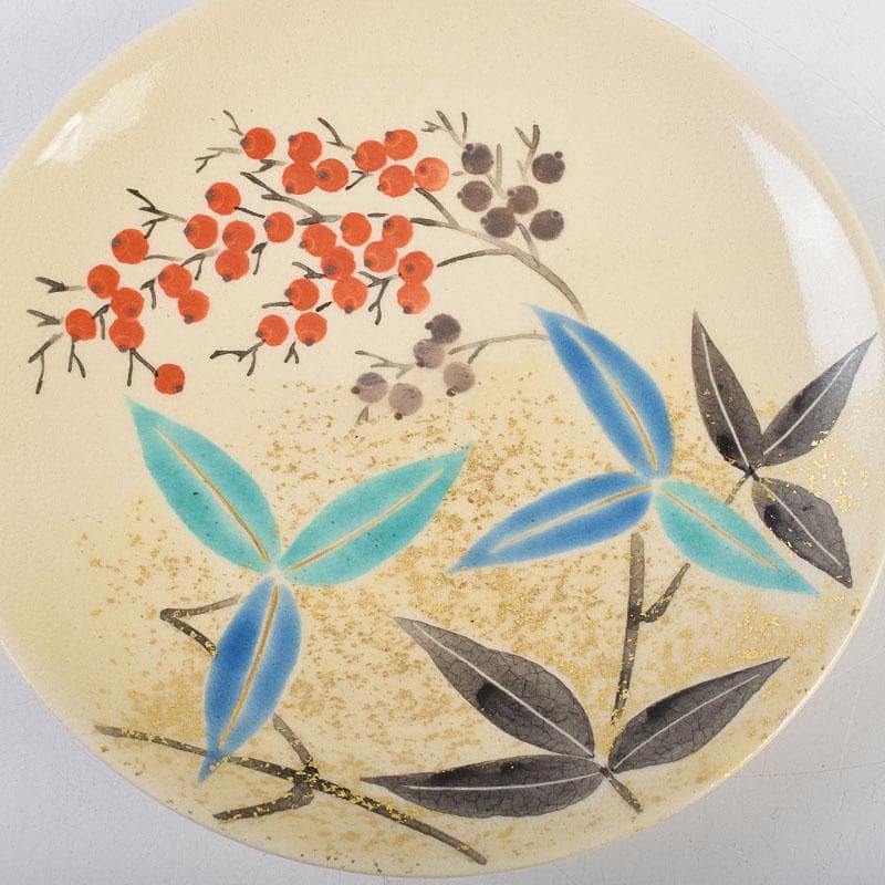 和食器　九谷焼　中村梅山作　色絵　絵変わり　銘々皿　五客　共箱　V　R9615