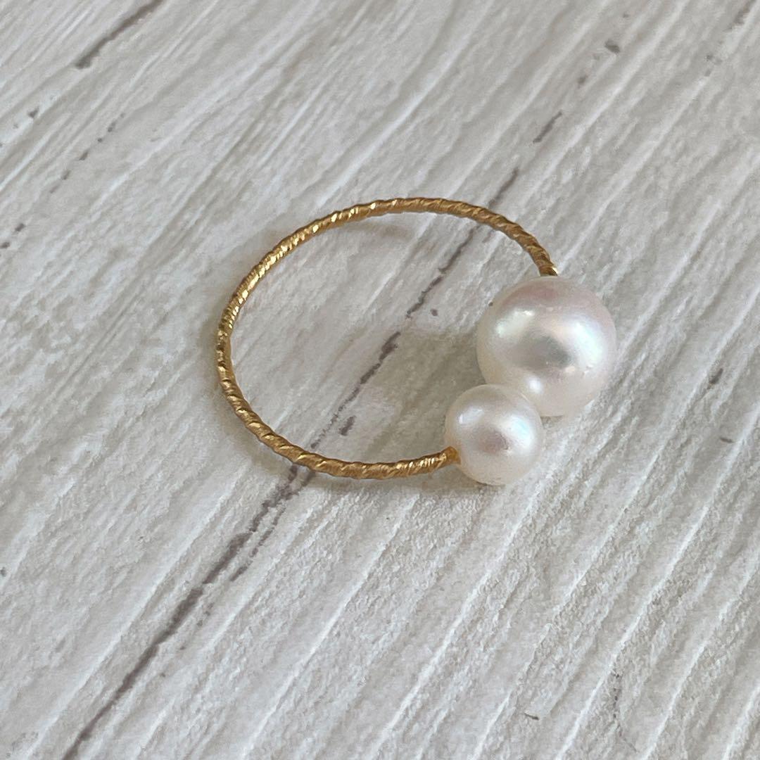 047 ダブルパール　ワイヤーリング　14kgf フリーサイズゴールド11号以上