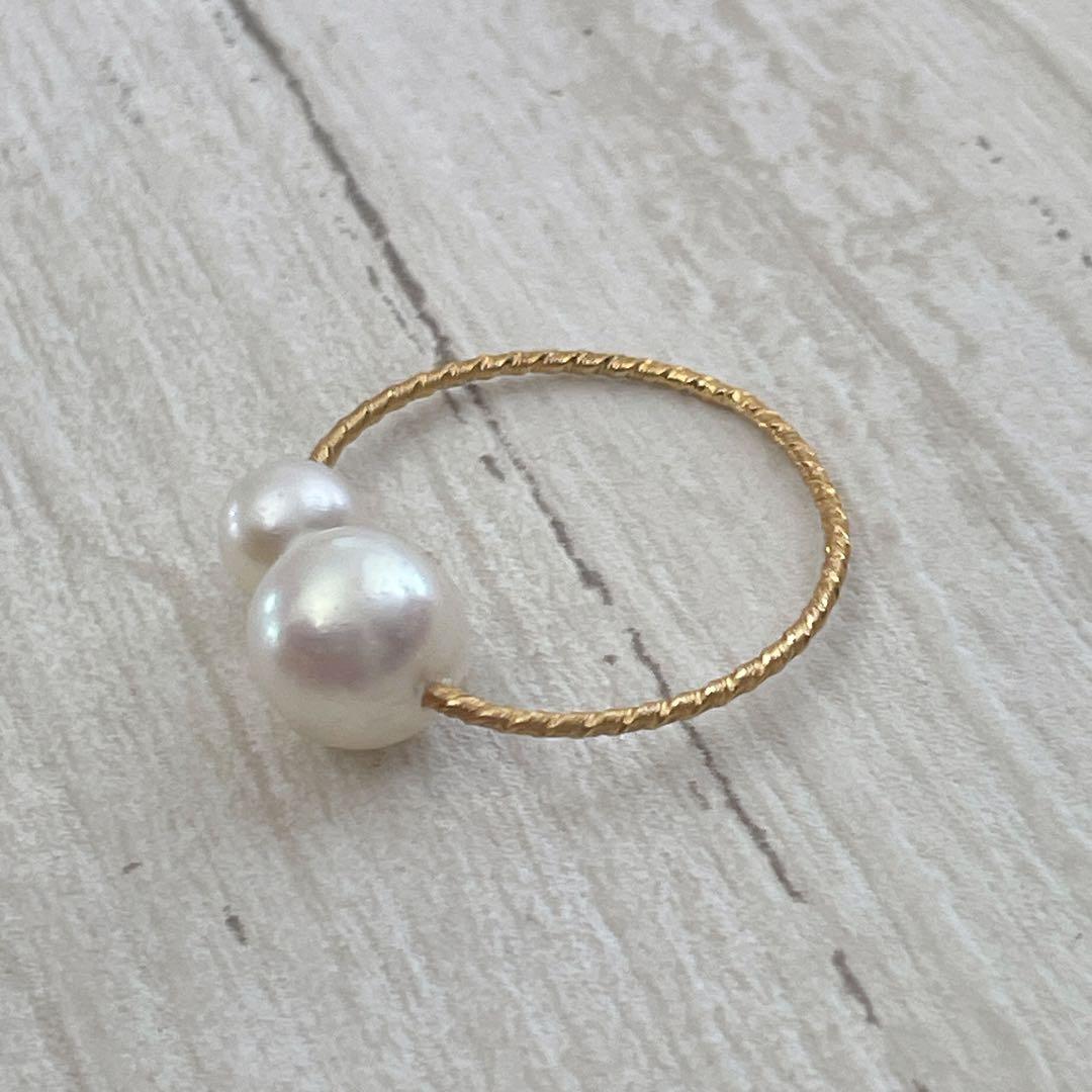 047 ダブルパール　ワイヤーリング　14kgf フリーサイズゴールド11号以上