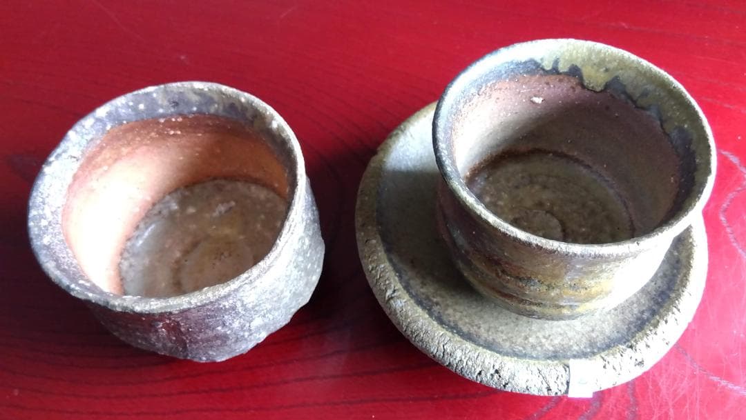 越前焼名工　白越不朝　塩越窯　自然灰釉究極美逸品ぐい呑湯呑み3種茶托セットNo2
