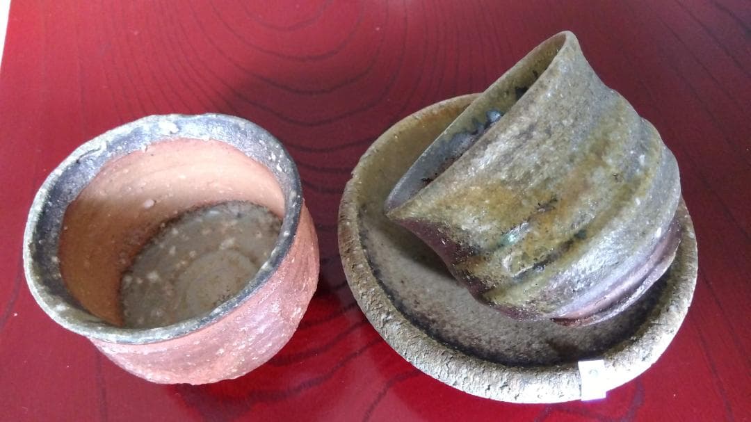 越前焼名工　白越不朝　塩越窯　自然灰釉究極美逸品ぐい呑湯呑み3種茶托セットNo2