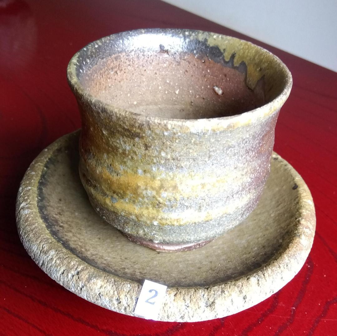 越前焼名工　白越不朝　塩越窯　自然灰釉究極美逸品ぐい呑湯呑み3種茶托セットNo2