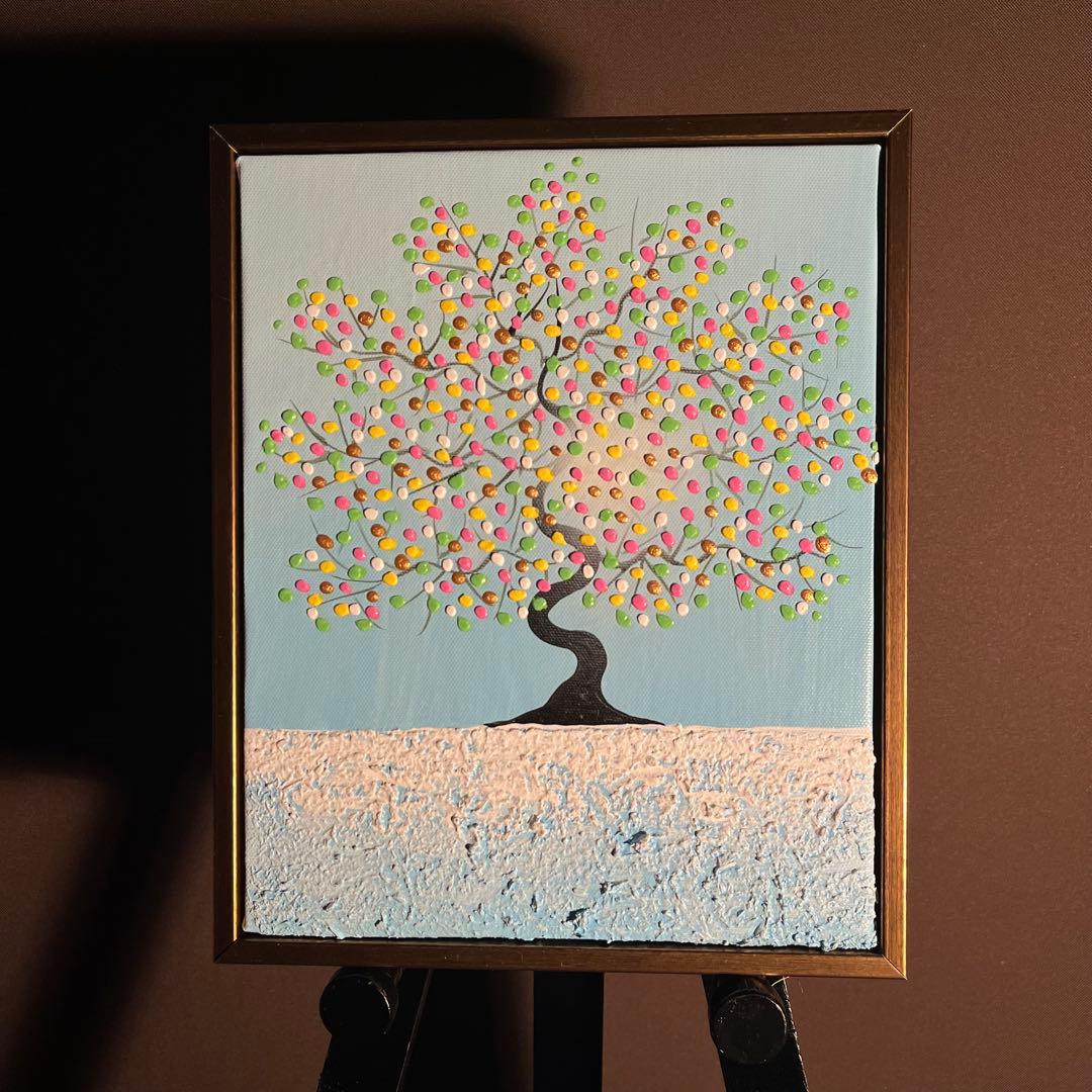 手書き油絵 幸福の木 額付 肉筆絵画 インテリア 油彩画 金運 開運