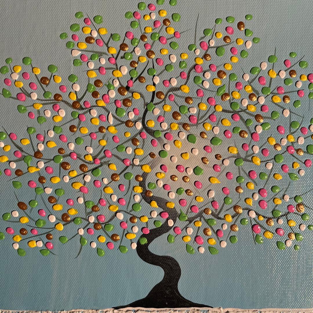手書き油絵 幸福の木 額付 肉筆絵画 インテリア 油彩画 金運 開運