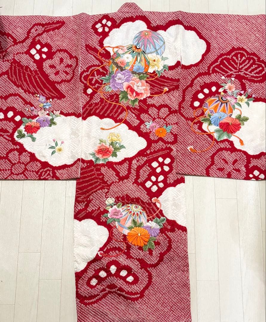 鶴　総絞り　正絹　七五三　３歳　被布　フルセット　一つ身