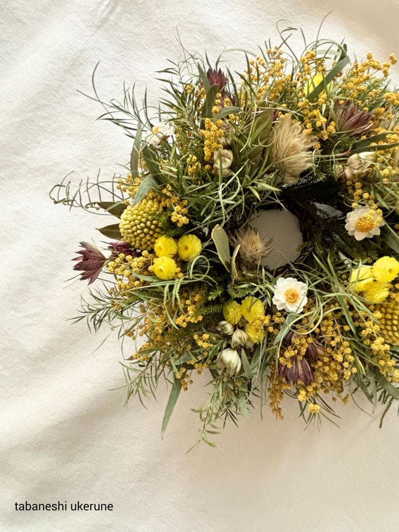 瀬戸内ミモザとアストランチアを丁寧に紡いだ　幸せを運ぶ　リース　ドライフラワー