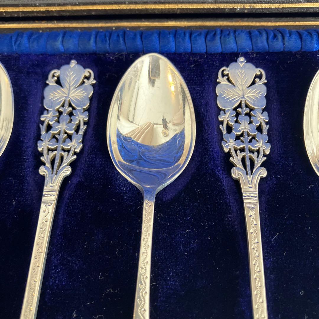 英国アンティーク　純銀　バーナード　クローバーピアススプーンセット12本