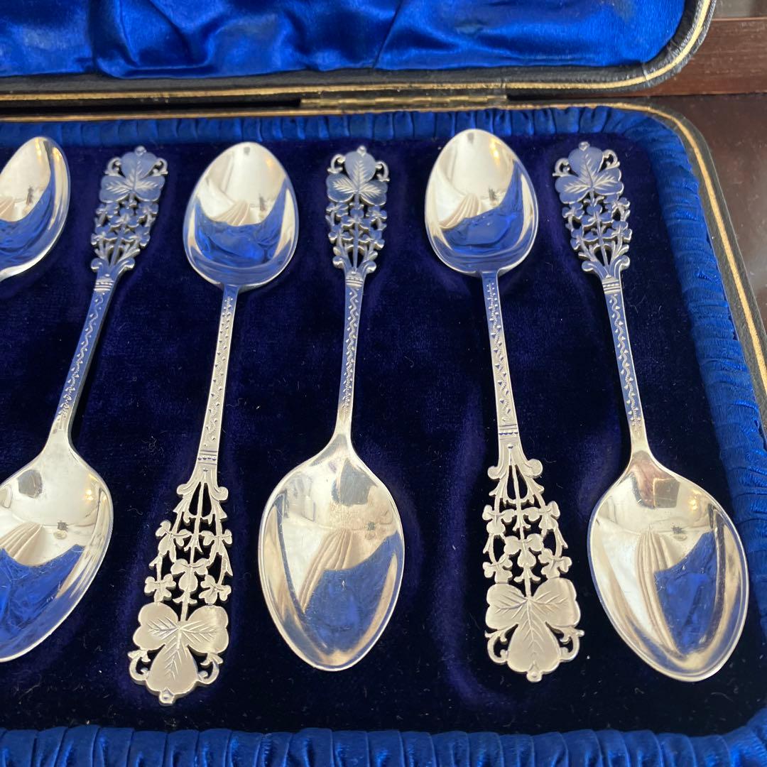 英国アンティーク　純銀　バーナード　クローバーピアススプーンセット12本