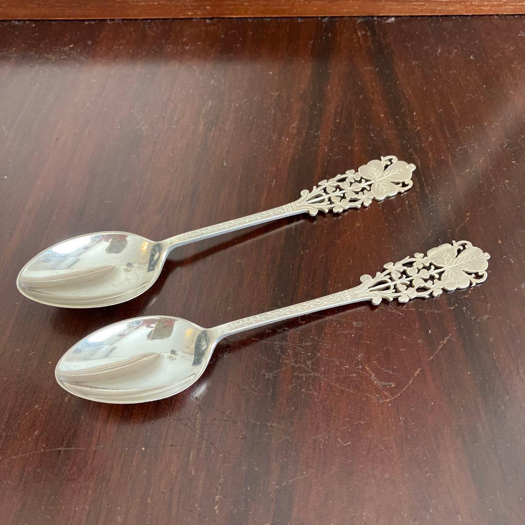 英国アンティーク　純銀　バーナード　クローバーピアススプーンセット12本