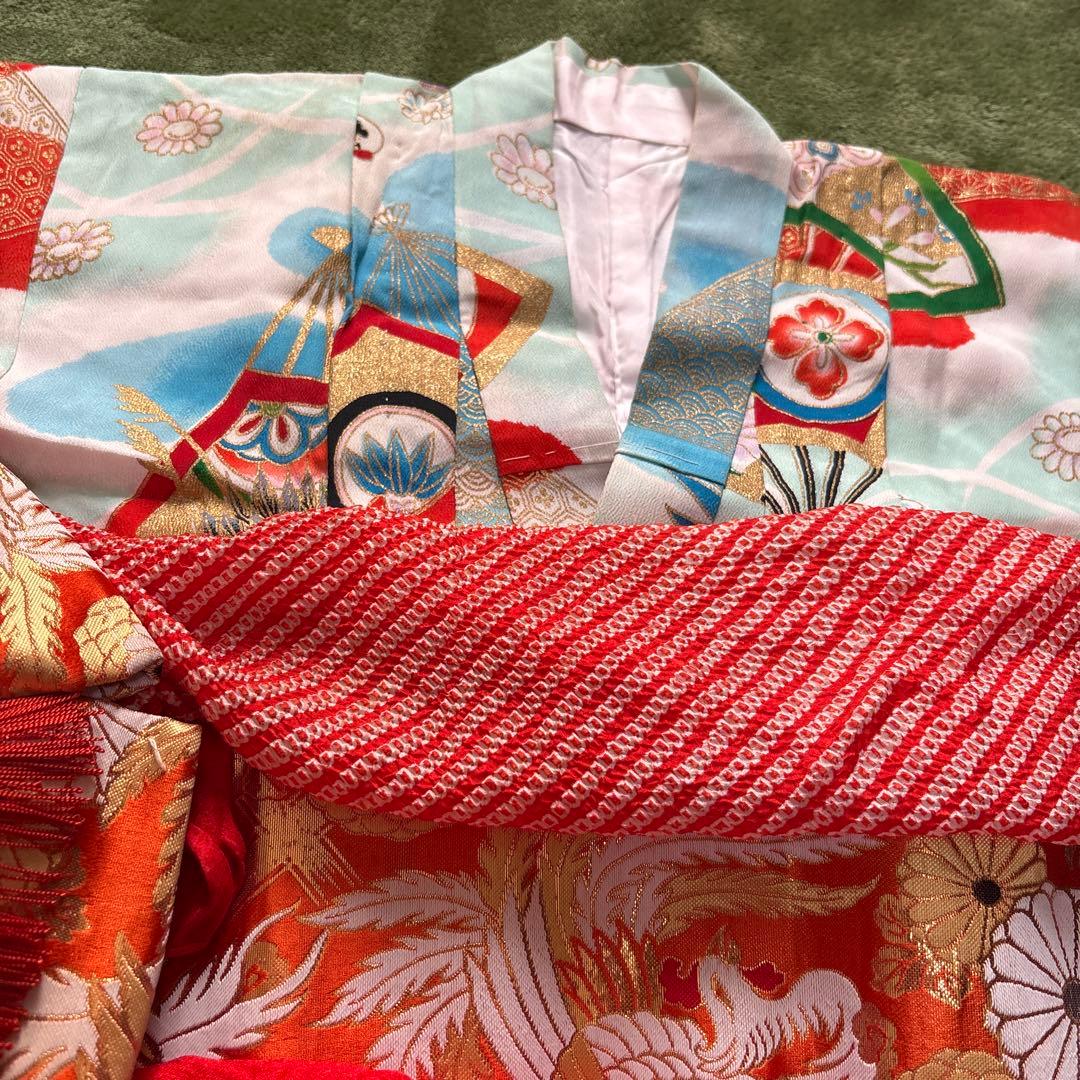 七五三 7歳 正絹 着物 作り帯 バッグ 草履 セット 絞り調 黒 赤