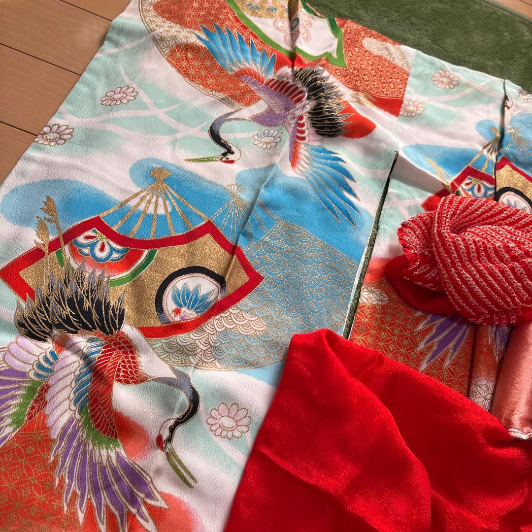 七五三 7歳 正絹 着物 作り帯 バッグ 草履 セット 絞り調 黒 赤