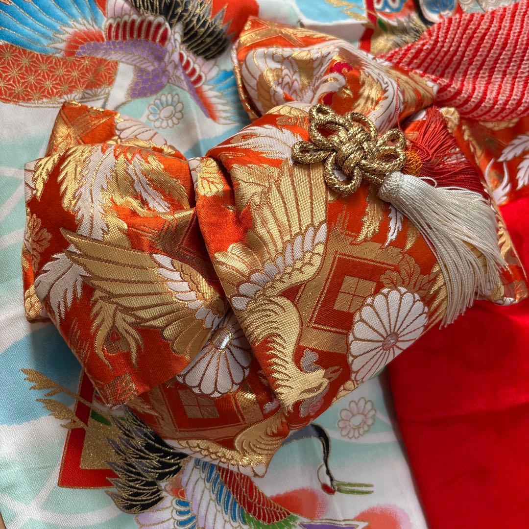 七五三 7歳 正絹 着物 作り帯 バッグ 草履 セット 絞り調 黒 赤