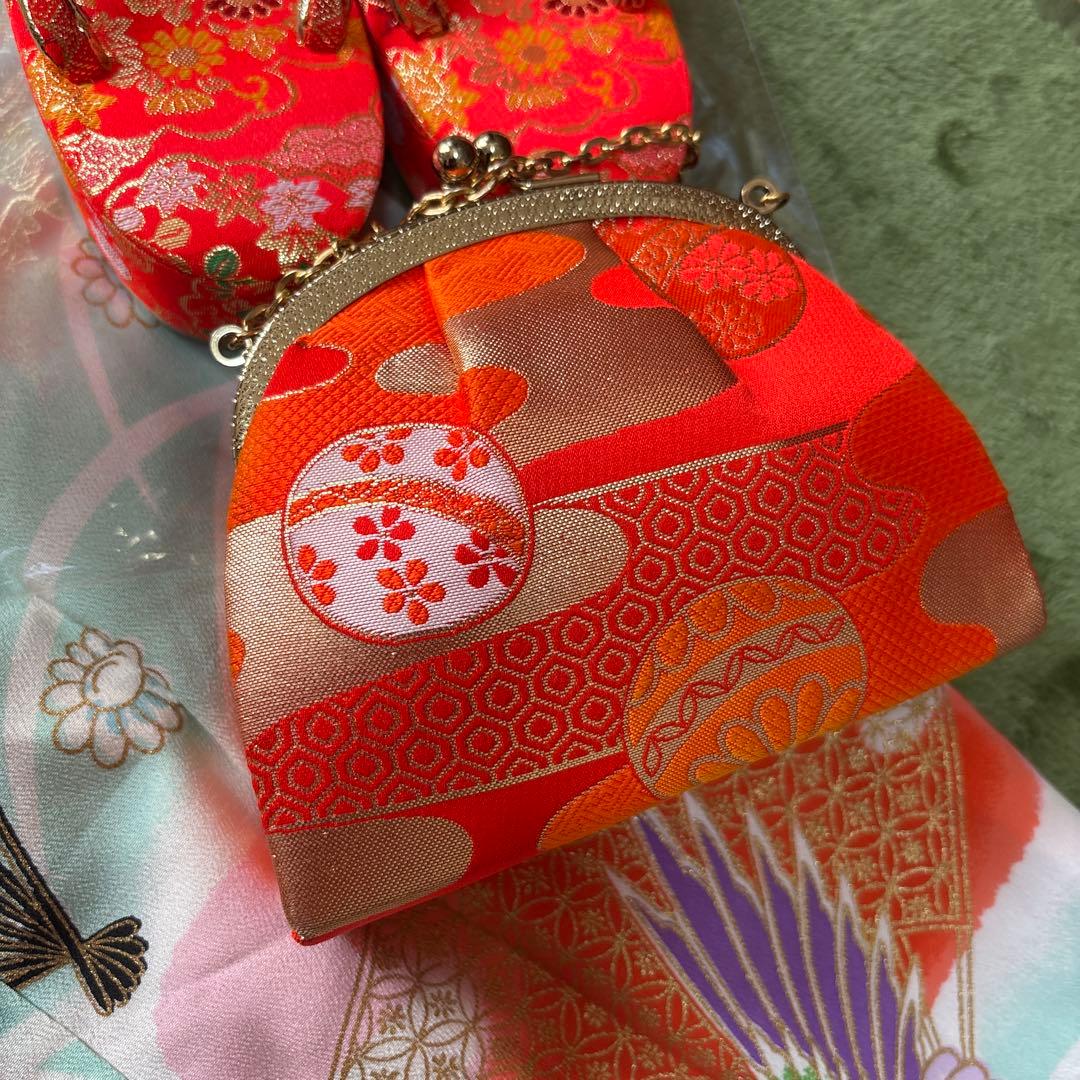 七五三 7歳 正絹 着物 作り帯 バッグ 草履 セット 絞り調 黒 赤