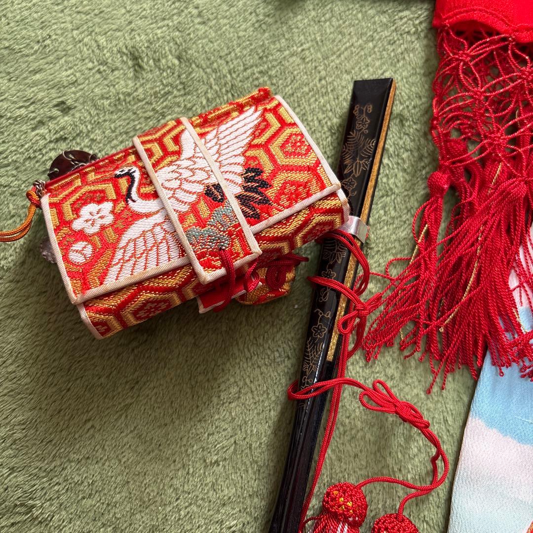 七五三 7歳 正絹 着物 作り帯 バッグ 草履 セット 絞り調 黒 赤