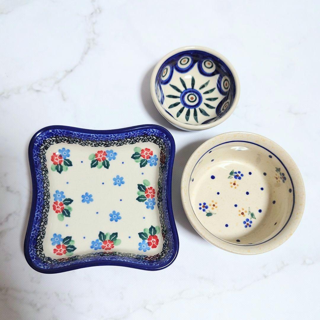 新品 ポーリッシュポタリー スクエアディッシュ ココット ミニボウル 3点セット