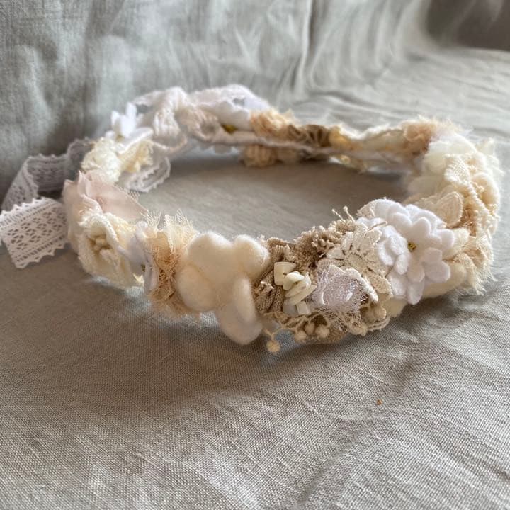 結婚式　アクセサリー　ナチュラル　羊毛フェルト　レース　花冠　ブレスレット