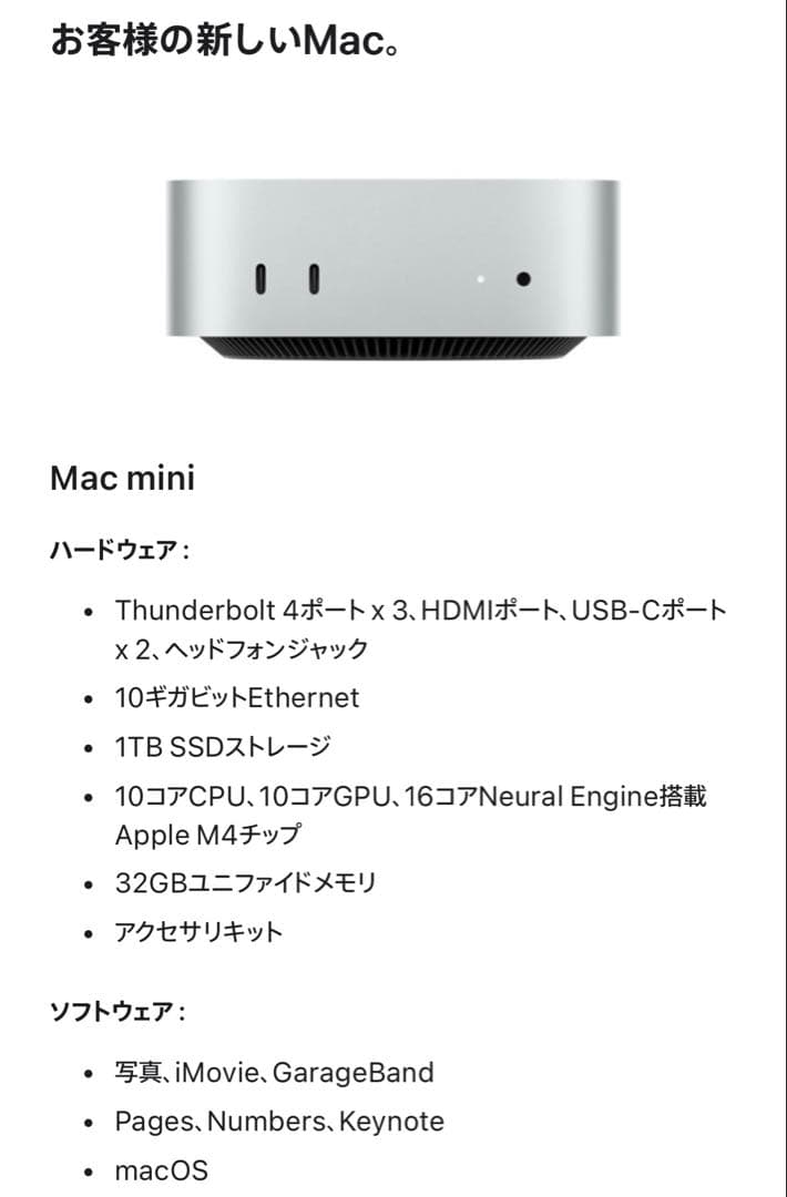 Mac mini M4 （32GB, 1TB, 10GbE）