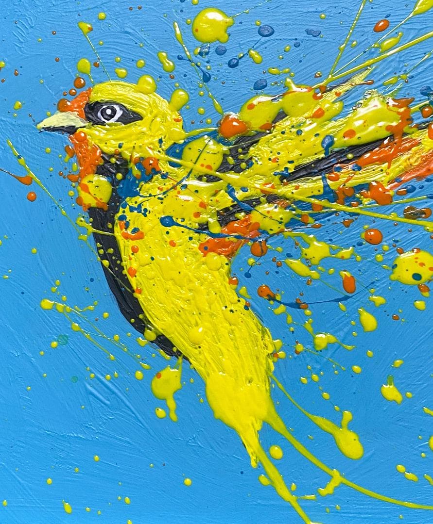 鳥 原画 アクリル画 インテリアアート「黄色い鳥」