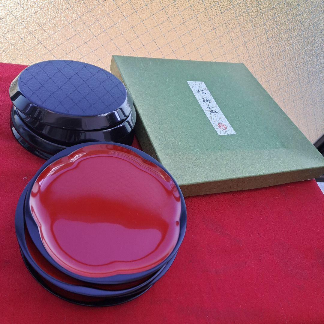 【越前漆器　紅梅銘々皿×10客&象彦\"紅梅盆×1客セット】天然木製　長期保管品