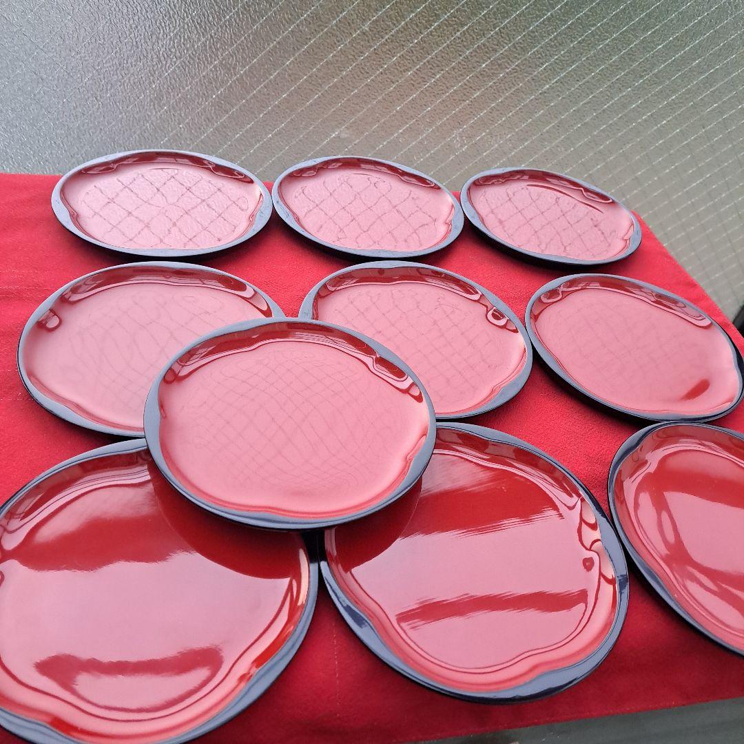 【越前漆器　紅梅銘々皿×10客&象彦\"紅梅盆×1客セット】天然木製　長期保管品