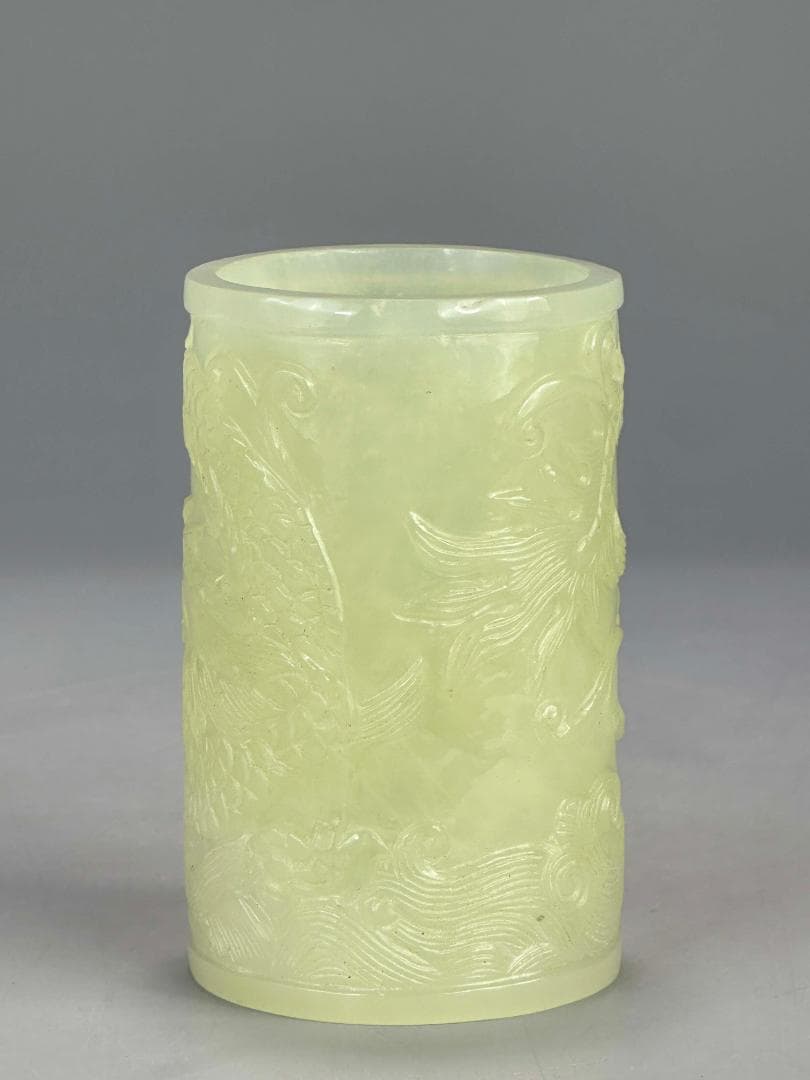 中国美術　玉石製　書道具　文房具　龍文筆筒　玉筆筒　唐物